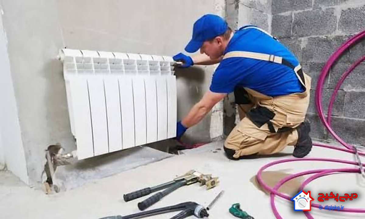 Aluminum radiator installation نصب رادیاتور آلومینیومی روی دیوار توسط تکنسین دیجی پکیج