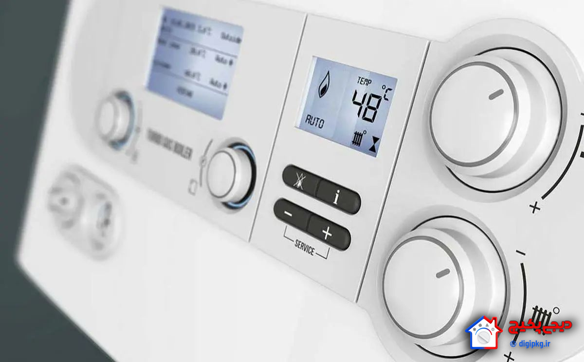 Boiler control panel close-up نمای نزدیک پنل کنترل و نمایشگر دیجیتال پکیج دیواری
