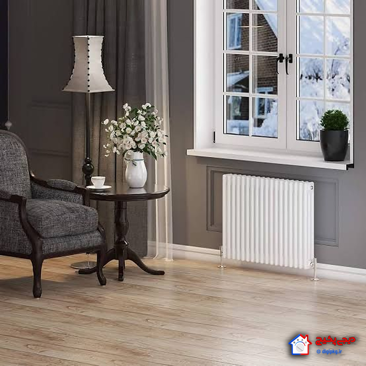 Classic column radiator رادیاتور قدی کلاسیک نصبشده در اتاق با دکور سنتی