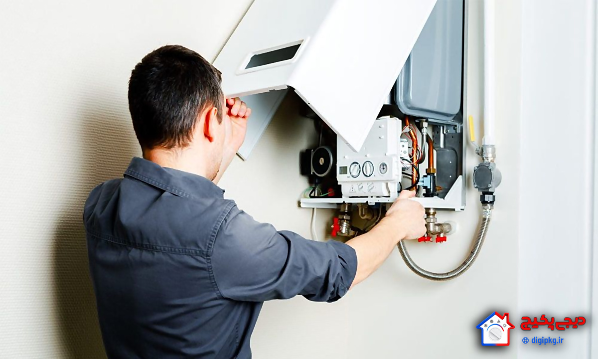 Wall boiler cover open پکیج دیواری با درپوش باز و نمایش قطعات داخلی برای سرویس